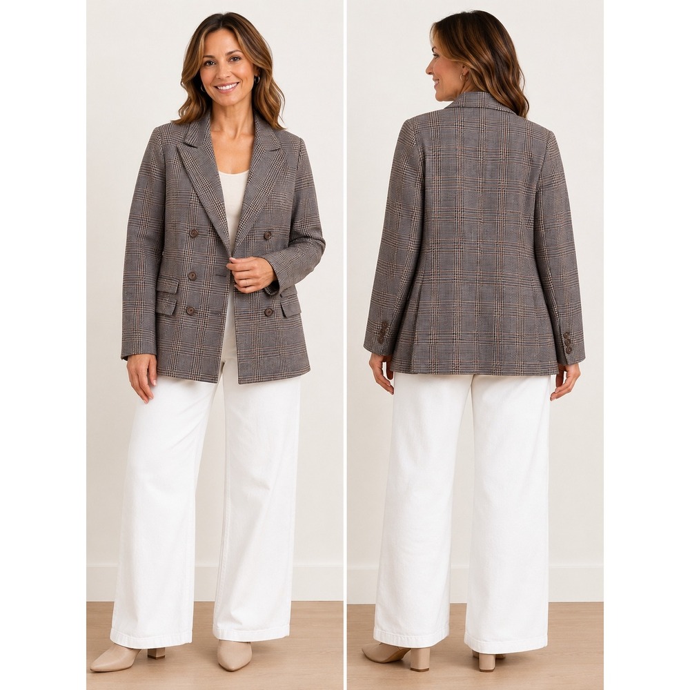 Embassy Row Womens 14 Pure Wool Double Breasted Glen Plaid Blazer Brown Grey
